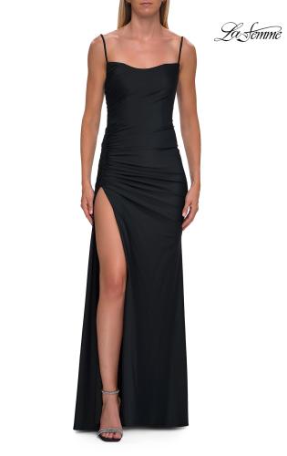 Picture of: Cowl Neck Fitted Gown with Slit and Lace-Up Back in Black, Style: 33365, Detail Picture 13