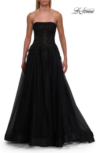 Picture of: Strapless A-Line Gown with Embroidered Corset and Slit in Black, Style: 33528, Detail Picture 13