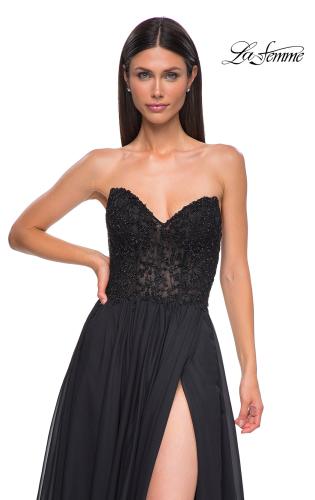 Picture of: Chiffon Gown with High Slit and Strapless Lace Top in Black , Style 32804, Detail Picture 14