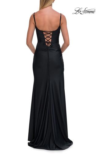 Picture of: Cowl Neck Fitted Gown with Slit and Lace-Up Back in Black, Style: 33365, Detail Picture 14