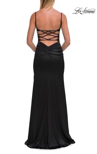 Picture of: Fitted Satin Gown with Plunging Neckline and Strappy Back in Black, Style: 33423, Detail Picture 14