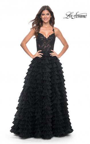 Picture of: Ruffle Tulle Prom Gown with Illusion Lace Bodice and High Slit in Black, Style: 32128, Detail Picture 16