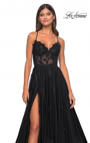 Picture of: A-Line Tulle Gown with Scallop Detail Bodice and Lace Applique in Black, Style: 32028, Detail Picture 17