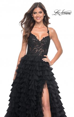 Picture of: Ruffle Tulle Prom Gown with Illusion Lace Bodice and High Slit in Black, Style: 32128, Detail Picture 17