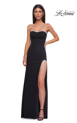 Picture of: Strapless Jersey Dress with Rhinestone Neckline and Slit Detail in Black , Style 32825, Detail Picture 17