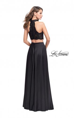 Picture of: Two piece gown with lace up top and satin A line skirt in Black, Style: 25263, Back Picture