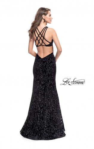 Picture of: Long Velvet Gown with a High Neck and Deep V in Black, Style: 25490, Back Picture
