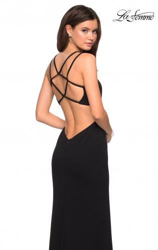 Picture of: Asymmetrical Jersey Prom Dress with Cut Outs in Black, Style: 27126, Back Picture