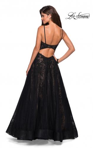 Picture of: Tulle and Lace Long Evening Gown with Pockets in Black, Style: 27488, Back Picture