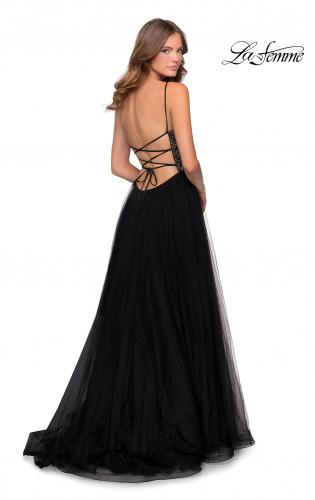 Picture of: Long Tulle Prom Dress with Beaded Bodice in Black, Style: 28535, Back Picture