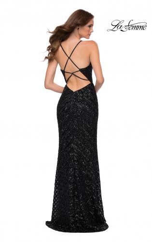 Picture of: Long Sequin Gown with Thick Sequin Print Fabric in Black, Style 29642, Back Picture