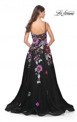 Picture of: Sequin Floral Print A-Line Tulle Gown with High Slit in Black, Style: 32019, Back Picture