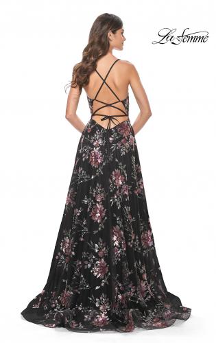 Picture of: Unique Lace Sequin Applique Tulle A-Line Prom Dress in Black, Style: 32031, Back Picture