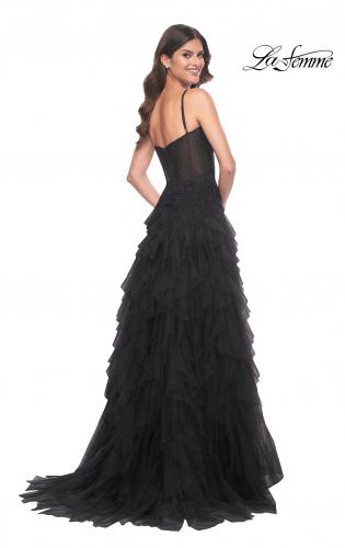 Picture of: Tulle A-Line Dress with Ruffle Skirt and Buster Rhinestone Fishnet Bodice in Black, Style: 32233, Back Picture