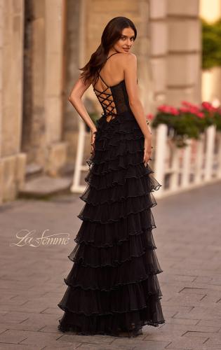 Picture of: Ruffle Prom Dress with Pearl Details and Sheer Top in Black , Style 32655, Back Picture