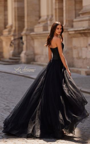 Picture of: Strapless A-line Dress with Full Rhinestone Top in Black , Style 32690, Back Picture