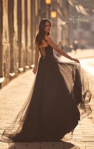 Picture of: A-line Tulle Dress with Satin Top and Rhinestone Neckline in Black , Style 32731, Back Picture