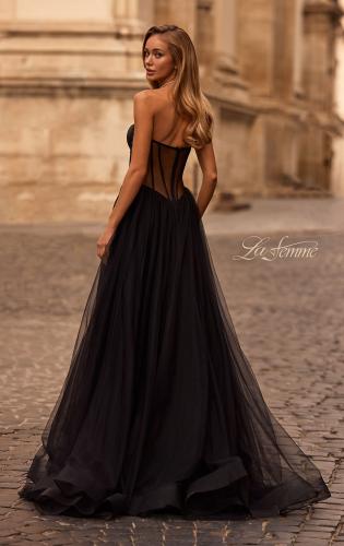 Picture of: Strapless Tulle Evening Dress with Basque Waist and Satin Bodice in Black , Style 32771, Back Picture