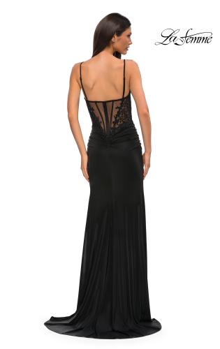 Picture of: Illusion Lace Top Prom Dress with Ruched Jersey Skirt in Black , Style 32803, Back Picture