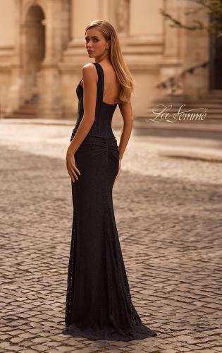 Picture of: Long Stretch Lace Prom Dress with Illusion Corset Waist in Black , Style 32943, Back Picture
