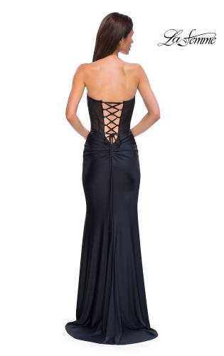 Picture of: Intricate Ruched Corset Bodice Prom Dress with Jersey Skirt in Black , Style 32971, Back Picture