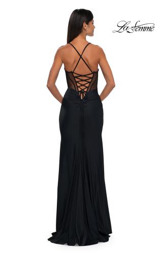 Picture of: Criss Cross Ruched Evening Dress with High Slit and Lace Up Back in Black , Style: 33115, Back Picture