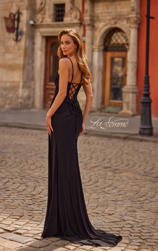 Picture of: Ruched Jersey Gown with Lace-Up Back and High Slit in Black, Style: 33298, Back Picture