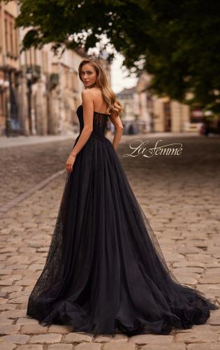 Picture of: Strapless A-Line Gown with Sheer Corset Bodice and High Slit in Black, Style: 33307, Back Picture