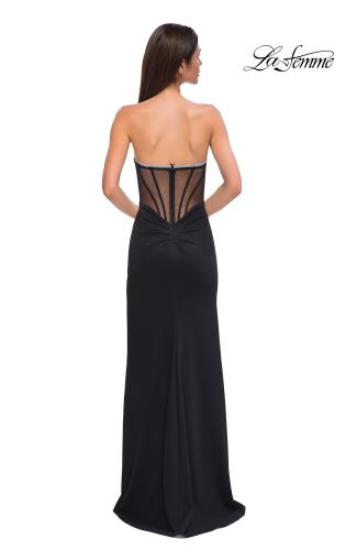 Picture of: Strapless Jersey Dress with Rhinestone Neckline and Slit Detail in Black , Style 32825, Detail Picture 18