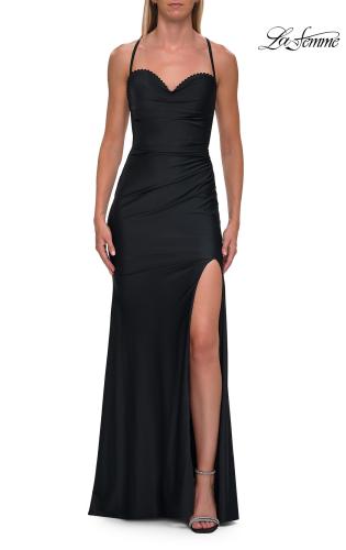Picture of: Ruched Sweetheart Gown with Slit and Lace-Up Back in Black, Style: 33361, Detail Picture 18