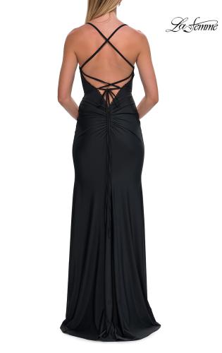 Picture of: Ruched Sweetheart Gown with Slit and Lace-Up Back in Black, Style: 33361, Detail Picture 19