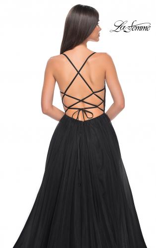 Picture of: A-Line Tulle Gown with High Slit and Illusion Rhinestone Fishnet Bodice in Black, Style: 32135, Detail Picture 22