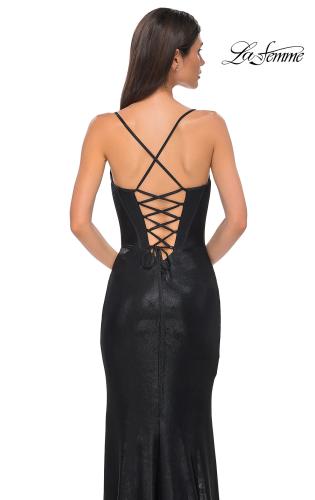 Picture of: Fitted Metallic Jersey Prom Dress with Corset Style Top in Black , Style 32877, Detail Picture 22