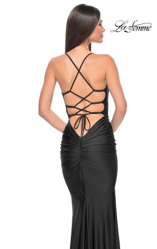 Picture of: Fitted Long Jersey Prom Dress with Ruching and Lace Up Back in Black, Style: 31618, Detail Picture 23
