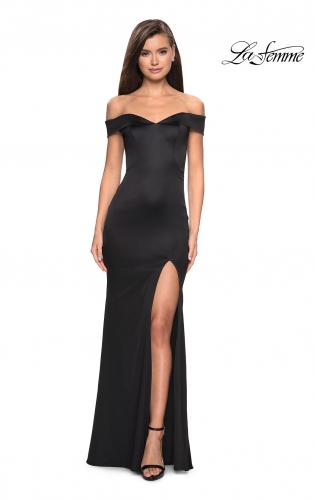 Picture of: Form Fitting Off the Shoulder Satin Prom Dress in Black, Style: 27752, Detail Picture 1