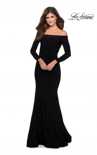 Picture of: Off the Shoulder Long Sleeve Jersey Prom Dress in Black, Style: 28754, Detail Picture 1