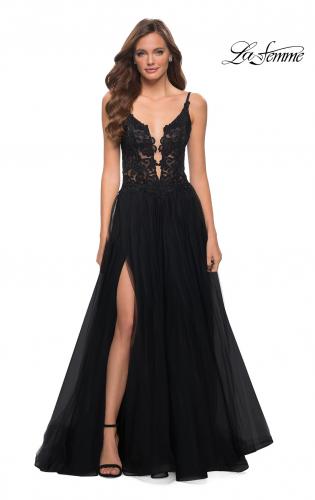 Picture of: Tulle A Line Gown with Lace Rhinestone Bodice in Black, Style 29686, Detail Picture 1