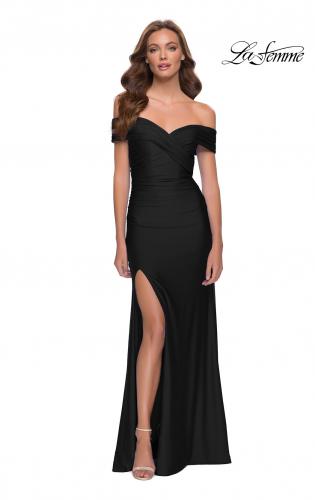 Picture of: Off the Shoulder Chic Jersey Gown with Ruching in Black, Style 29781, Detail Picture 1