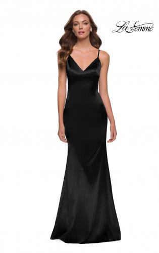 Picture of: Chic Long Stretch Satin Gown with V Neck and Back in Black, Style 29960, Detail Picture 1