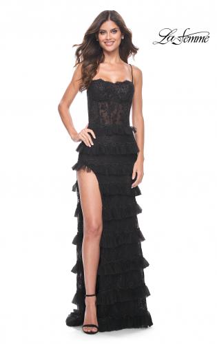 Picture of: Fitted Ruffle Skirt Lace Dress with Illusion Bodice in Black, Style: 32113, Detail Picture 1