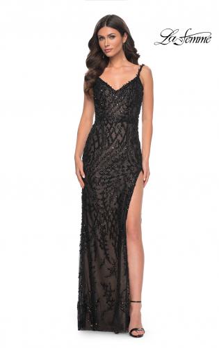 Picture of: Beaded Gown with Intricate Design and V Neckline in Black, Style: 32450, Detail Picture 1