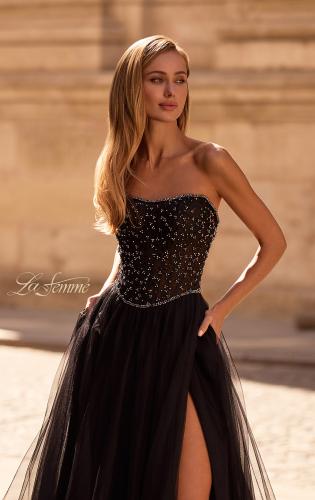 Picture of: Strapless Tulle Gown with Unique Beaded Sheer Top in Black , Style 32856, Detail Picture 1