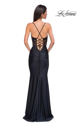 Picture of: Lovely Ruched Jersey Dress with Sequin Lace Beaded Bodice in Black , Style 32920, Detail Picture 1