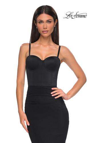 Picture of: Fitted Prom Dress with Ruching and Corset Bra Top in Black , Style 32996, Detail Picture 1