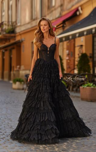 Picture of: Tiered Lace A-Line Gown with Corset Bodice and Slit in Black, Style: 33525, Detail Picture 1