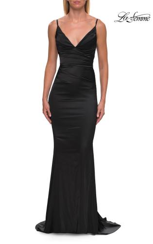 Picture of: Satin Fitted Gown with Gathered Bodice and Spaghetti Straps in Black, Style: 33421, Detail Picture 30