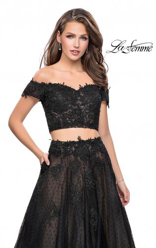 Picture of: Off the Shoulder Two Piece Gown with Polka Dot Print in Black, Style: 26110, Detail Picture 2