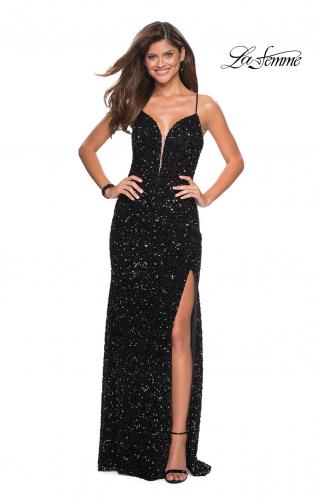 Picture of: Long Sequin Gown with Plunging Sweetheart Neckline in Black, Style: 26937, Detail Picture 2