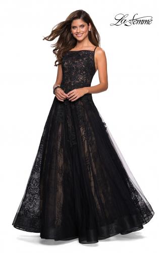 Picture of: Tulle and Lace Long Evening Gown with Pockets in Black, Style: 27488, Detail Picture 2