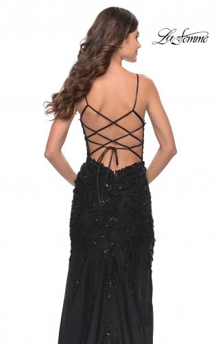 Picture of: Long Tulle Gown with Stunning Beaded Lace Applique Details in Black, Style: 31382, Detail Picture 2